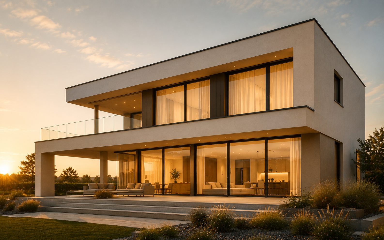 Modernes Wohnhaus von Fellner Architektur in der Abenddämmerung, Baukörper mit auskragendem Obergeschoss und großer Glasfront zur Terrasse