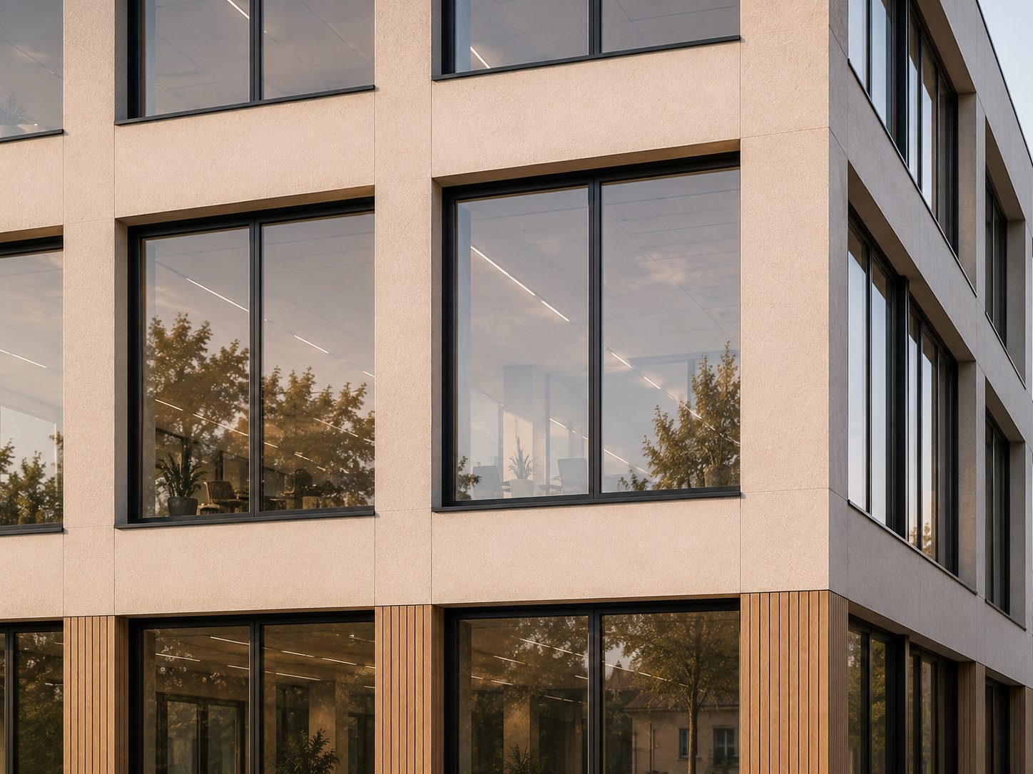 Fassadendetail des Bürohaus Nord mit Eckausbildung und Holzlamellen im Erdgeschoss