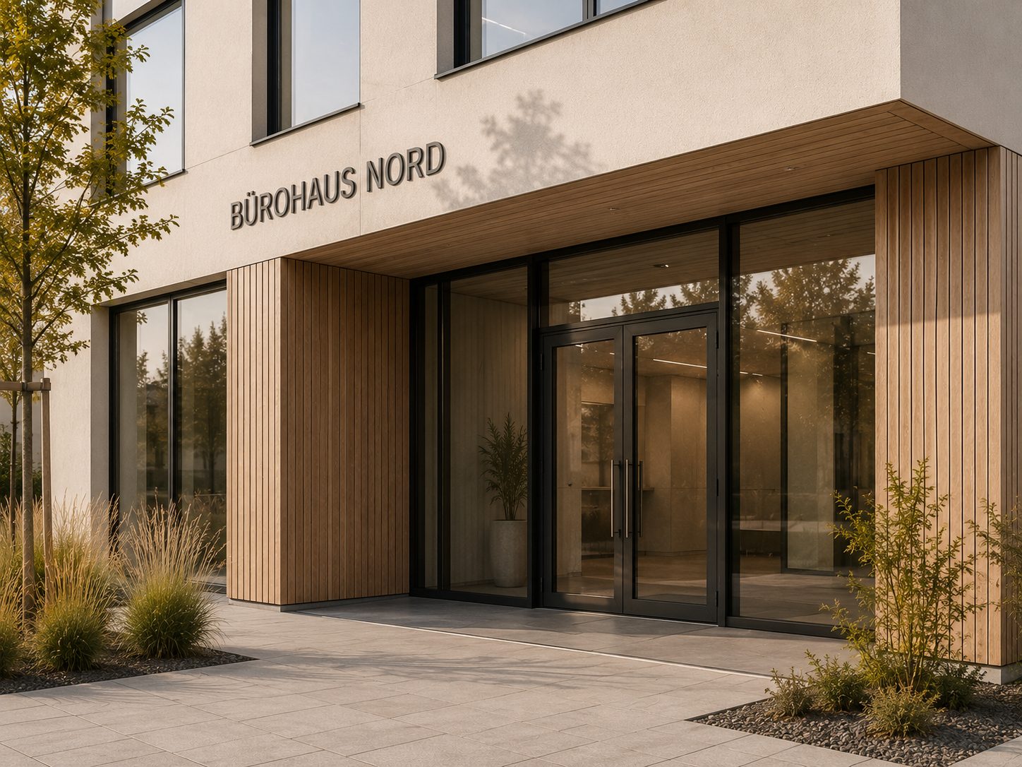 Eingang des Bürohaus Nord mit Holzverkleidung und Beschriftung