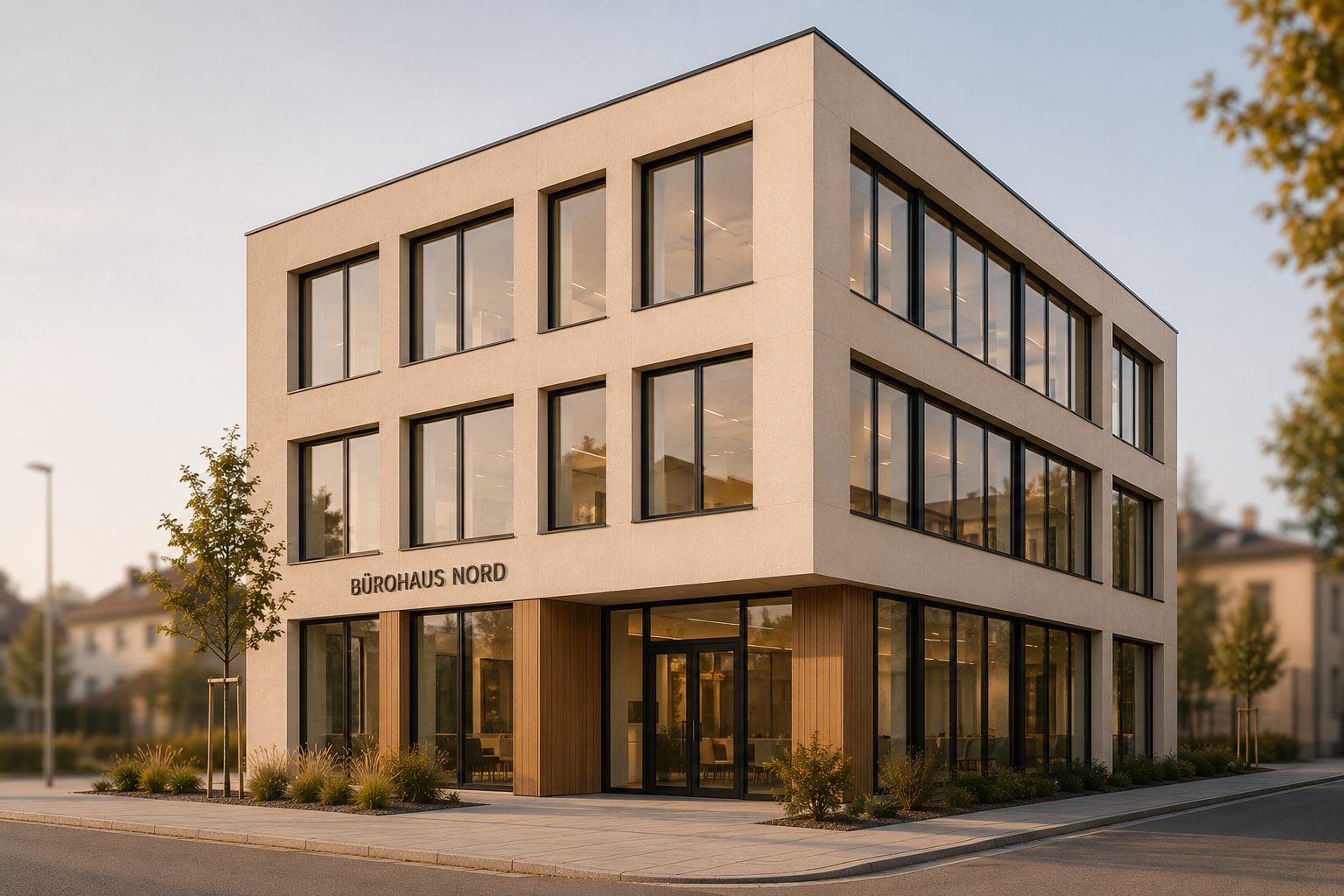 Bürohaus Nord von außen, dreigeschossiger Baukörper mit umlaufendem Fensterband