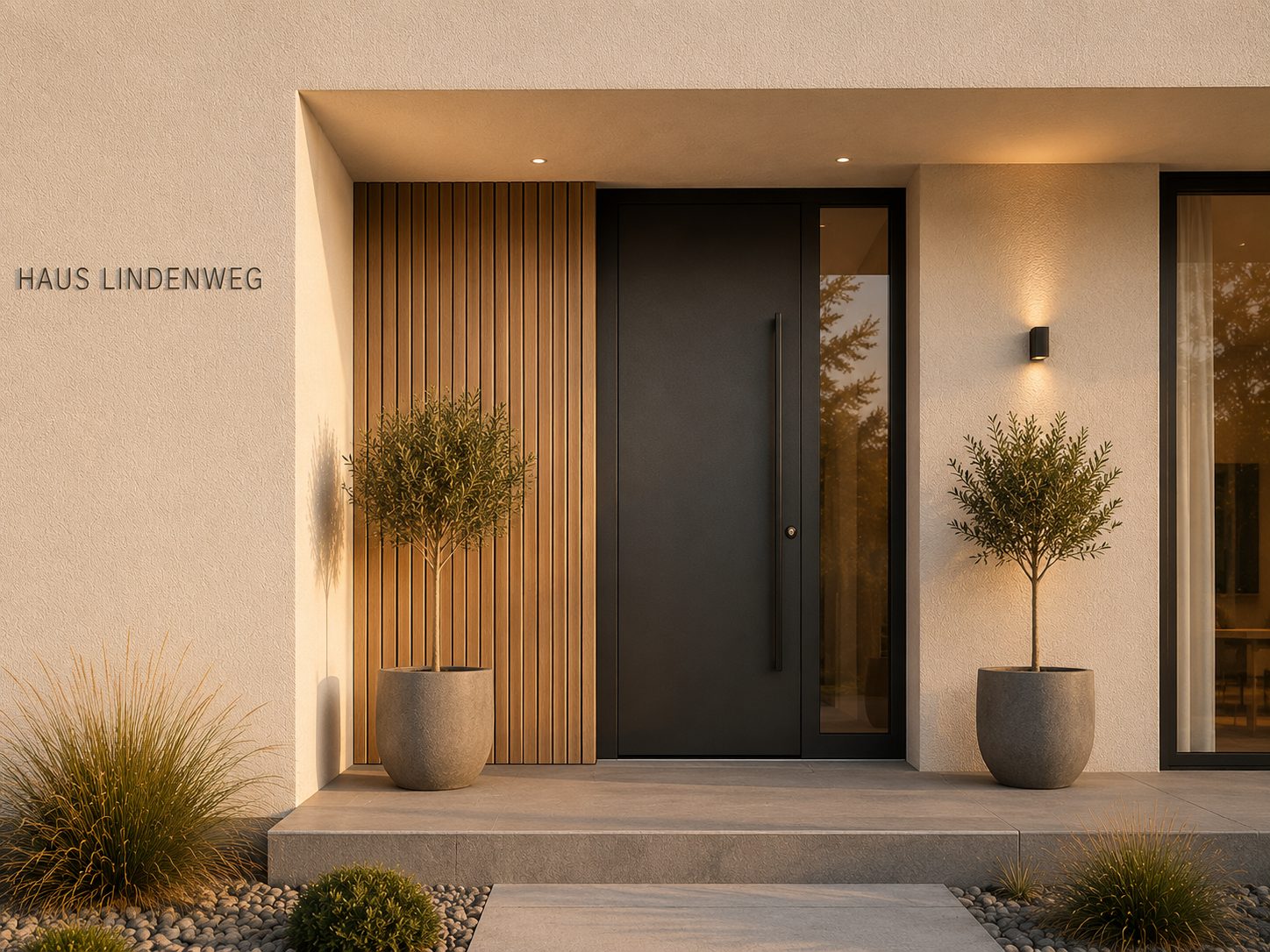 Eingangsbereich von Haus Lindenweg mit Holzverkleidung und dunkler Haustür