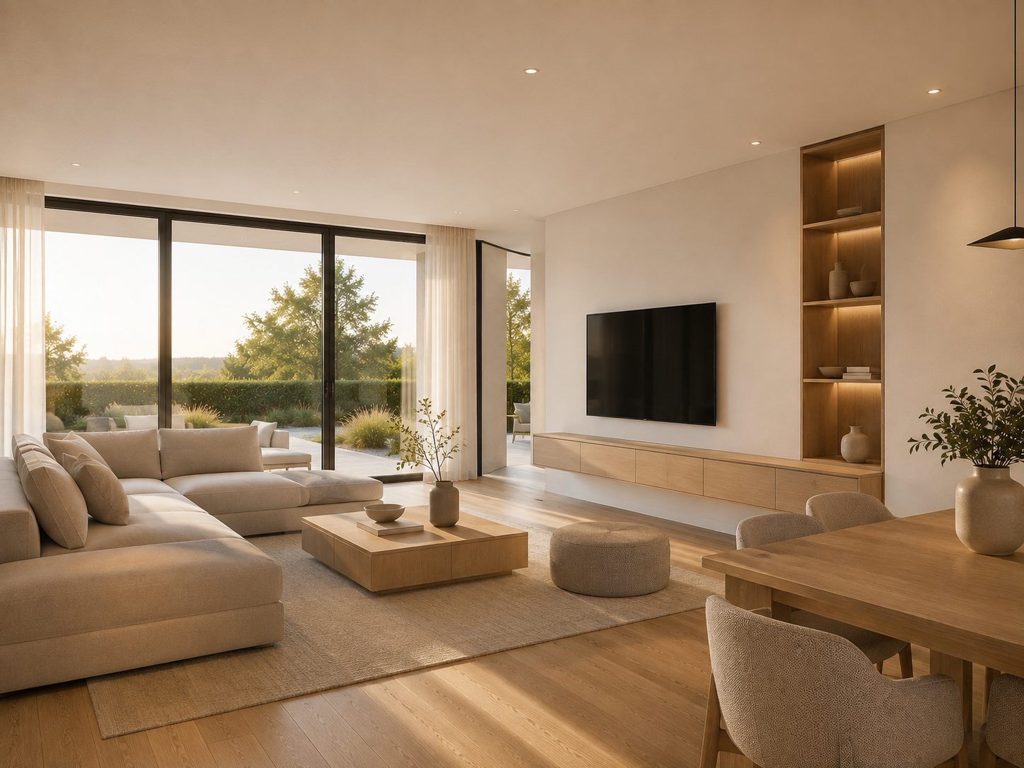 Offener Wohn- und Essbereich von Haus Lindenweg mit Blick in den Garten