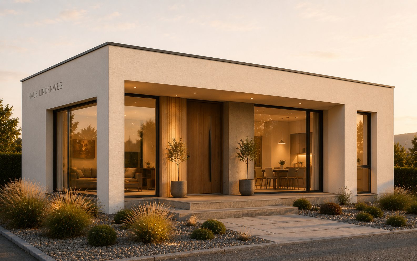 Haus Lindenweg von außen in der Abenddämmerung, Baukörper mit auskragendem Obergeschoss und großer Glasfront