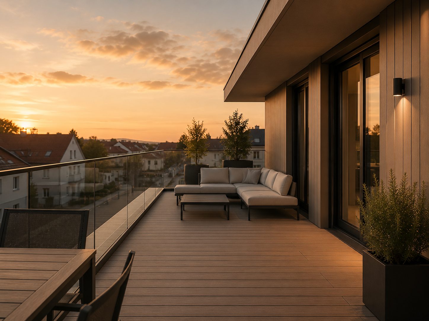 Dachterrasse der Attika Sonnblick mit Sitzbereich und Ausblick über die Stadt