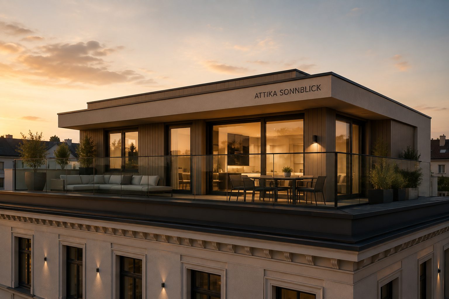 Attika Sonnblick, Dachgeschossaufbau mit Terrasse bei Sonnenuntergang