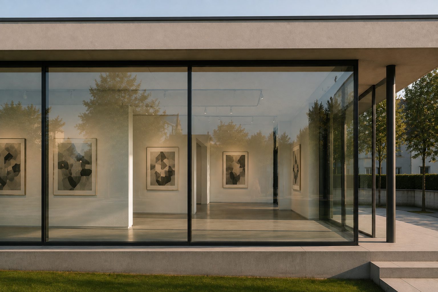 Glasfassade der Galerie Lehen im Detail mit Blick in den Ausstellungsraum