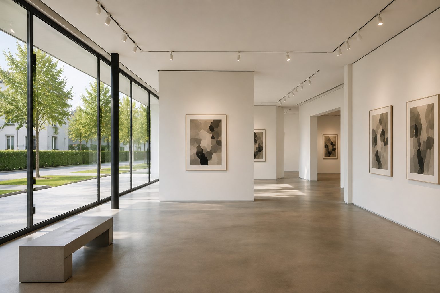 Innenraum der Galerie Lehen mit gehängten Arbeiten auf Papier