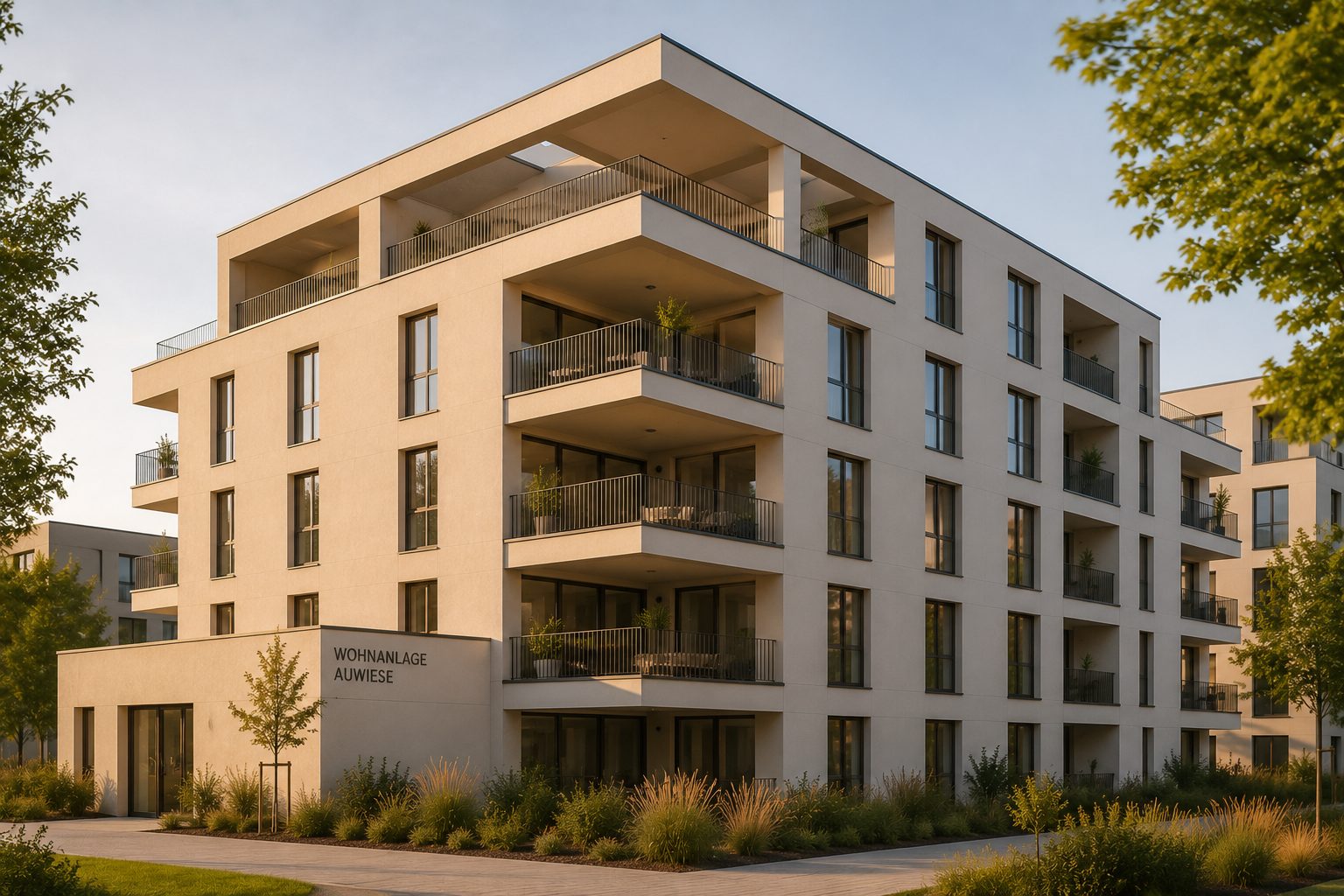 Wohnanlage Auwiese, Fassadenansicht mit umlaufenden Balkonen