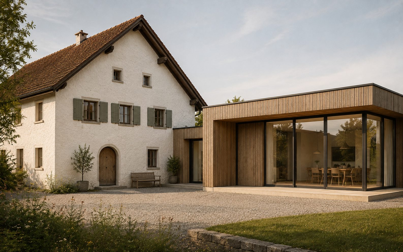 Hof Bergheim: saniertes Bauernhaus mit neuem Anbau aus Holz