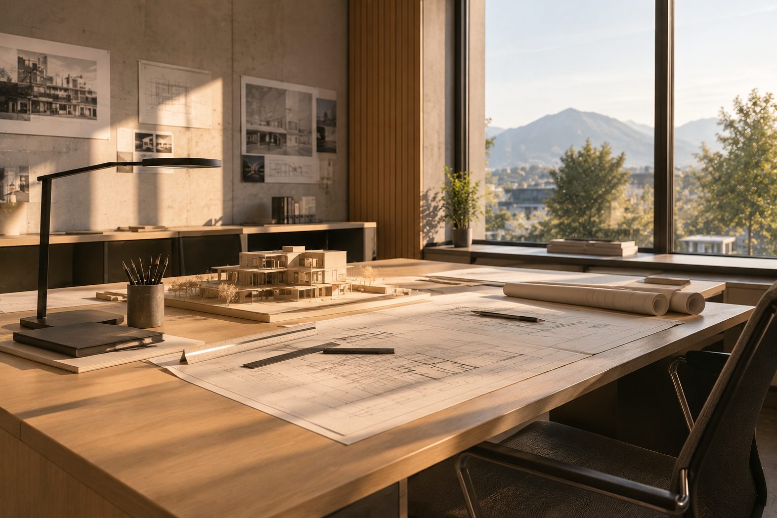 Arbeitsplatz im Büro von Fellner Architektur mit Plänen, Architekturmodell und Blick auf die Berge